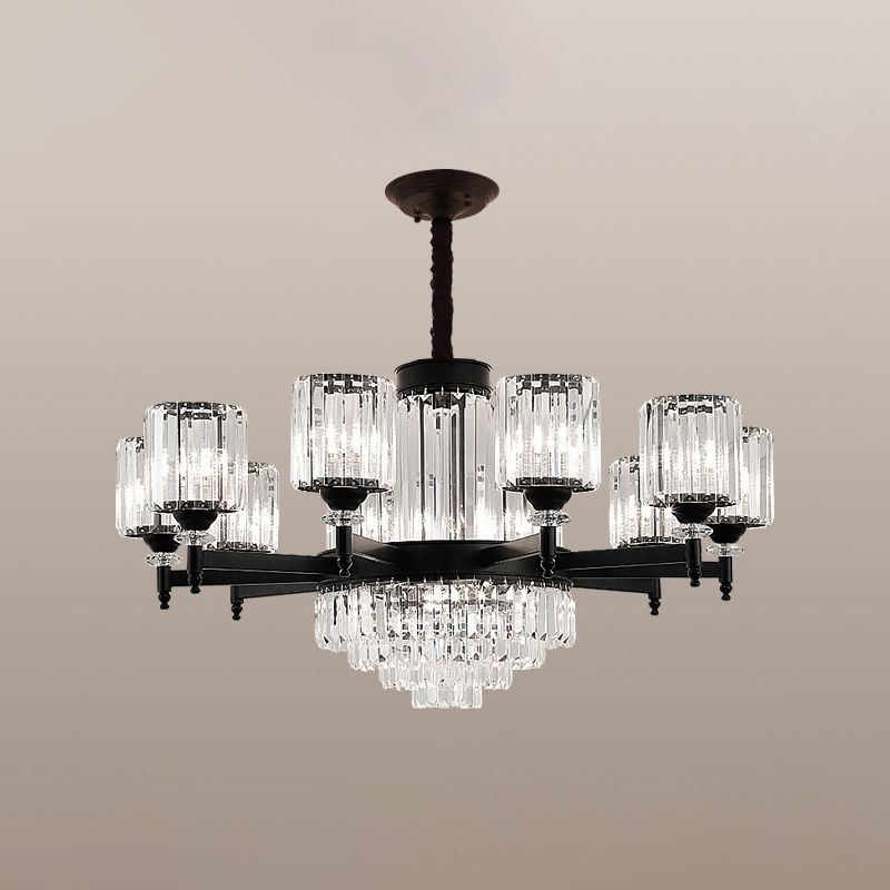 Black Chandelier Lighting Vintage Rectangular-Cut Crystal Cylinder Ceiling Light Fixture