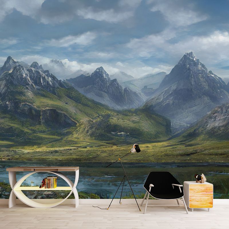 Mountain Landscape Illustration Mural for Guest Room Decoration, Mildew Resistant
