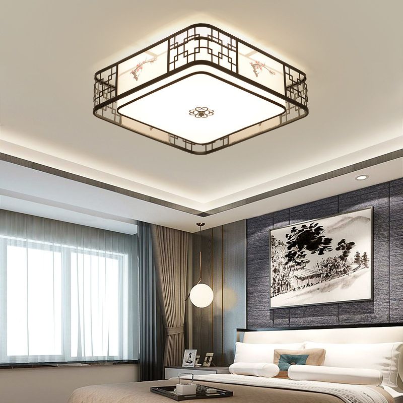 Brown Geometric Flush Mount in Traditional Artistic Style Wrought Iron Ceiling Light with Fabric Shade