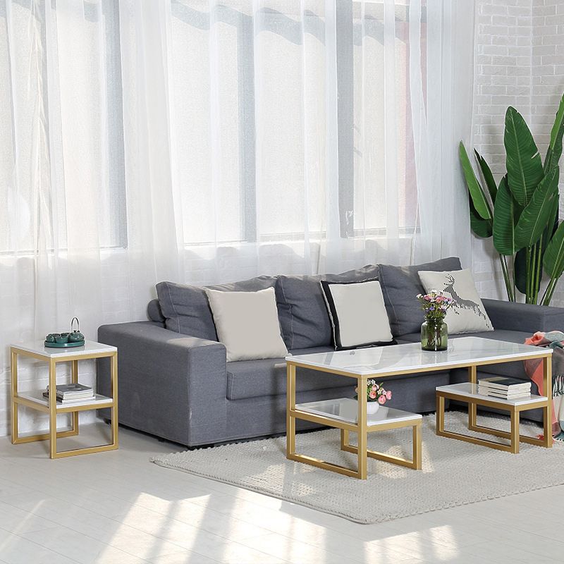 Glam Rectangle Marble Top Table with 2 Storag Shelves and Iron Base