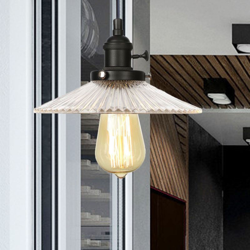 Saucer Pendant Lighting Vintage Stylish Clear Ribbed Glass 1 Head Black/Bronze/Brass Ceiling Fixture for Coffee Shop