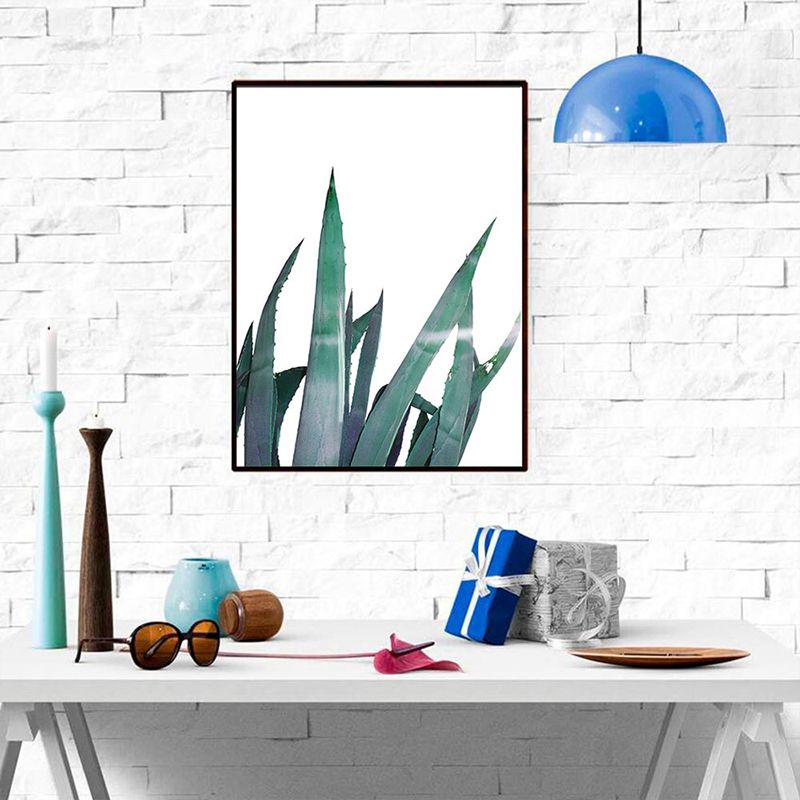Country Aloe Leaves Wall Art Green and White Textured Canvas Print for Dining Room
