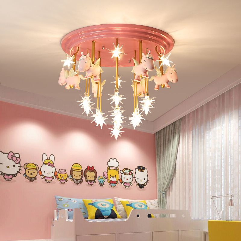 Resin Unicorn LED Semi Flush Nursery Flush Ceiling Light Fixture with Clear Glass Shade