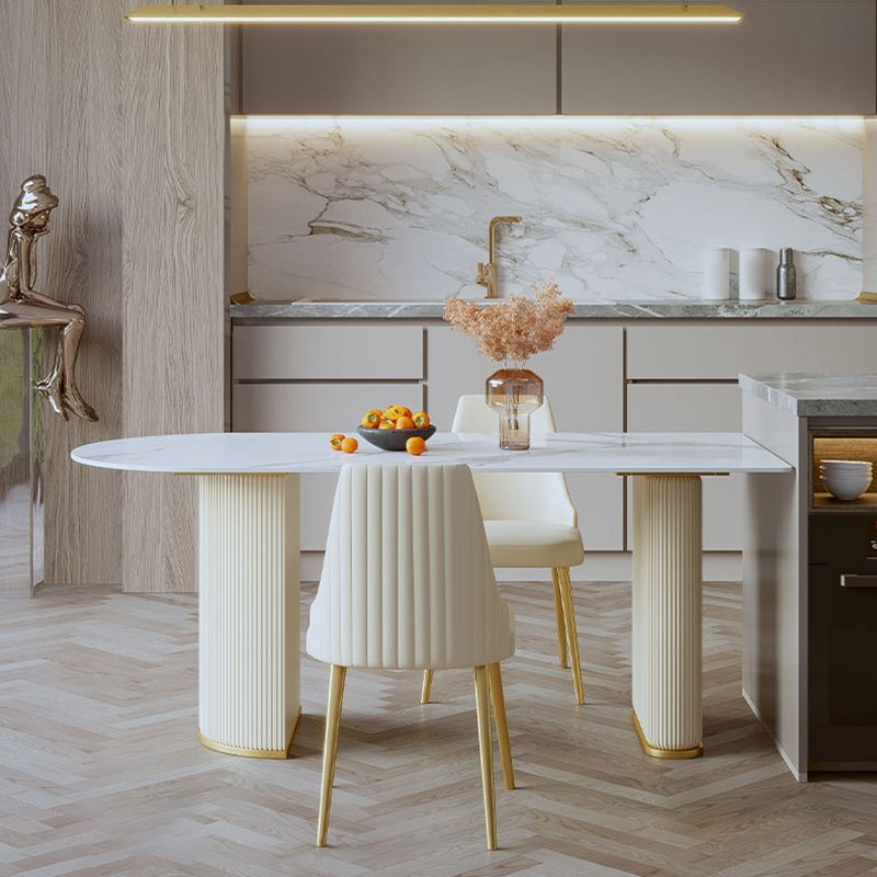 Minimalist Free Form Dining Table Set with 4 White Leather Dining Chairs