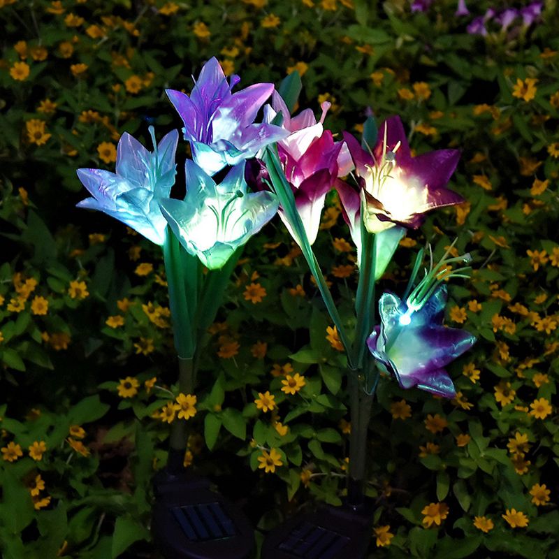 4-Bulb Lawn Ground Light Modern White/Purple/Red Solar LED Path Lamp with Artificial Lily Fabric Shade, 2 Packs