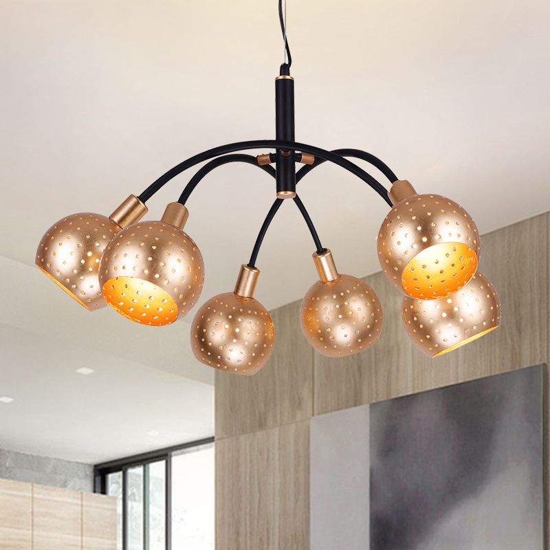 Gold and Black Dome Pendant Chandelier Modernism 6 Bulbs Metal Suspension Light with Hollow Out Design