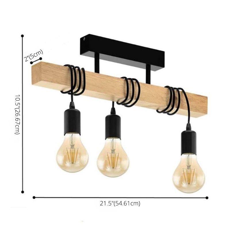 3-Light Bare Bulb Ceiling Fixture Industrial Wooden Semi Flush Mount Light for Kitchen