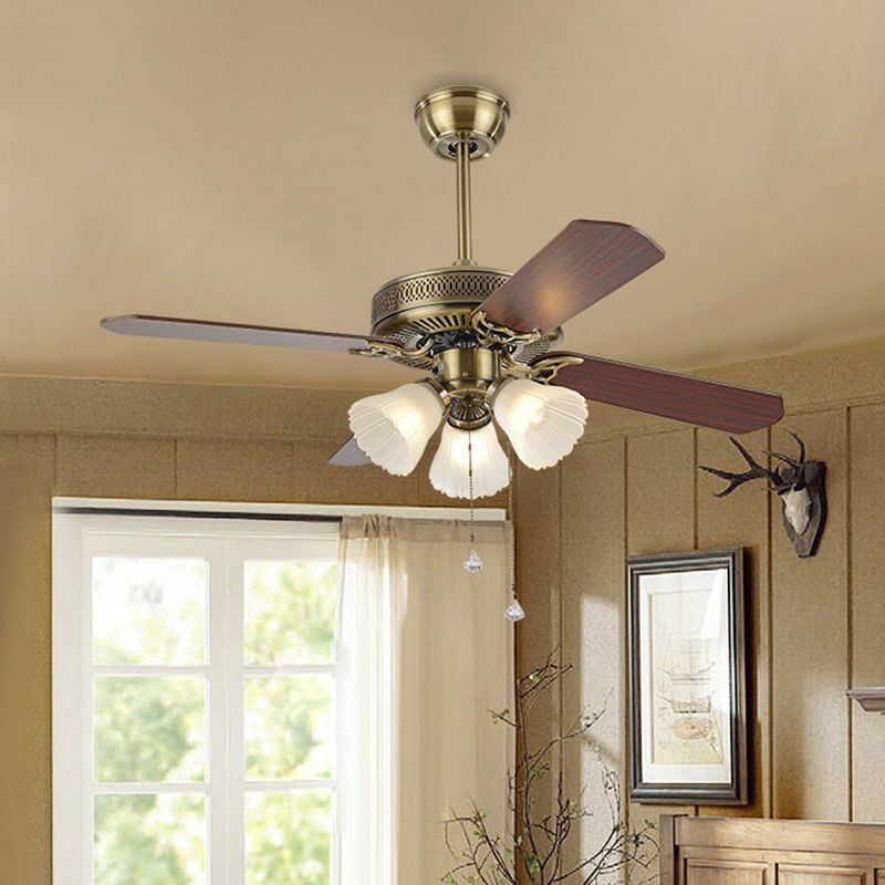 42" Wide 3 Bulbs Semi Flush Light Rustic Bell Shade Frosted Glass Pull Chain Ceiling Fan Lamp with 4 Blades
