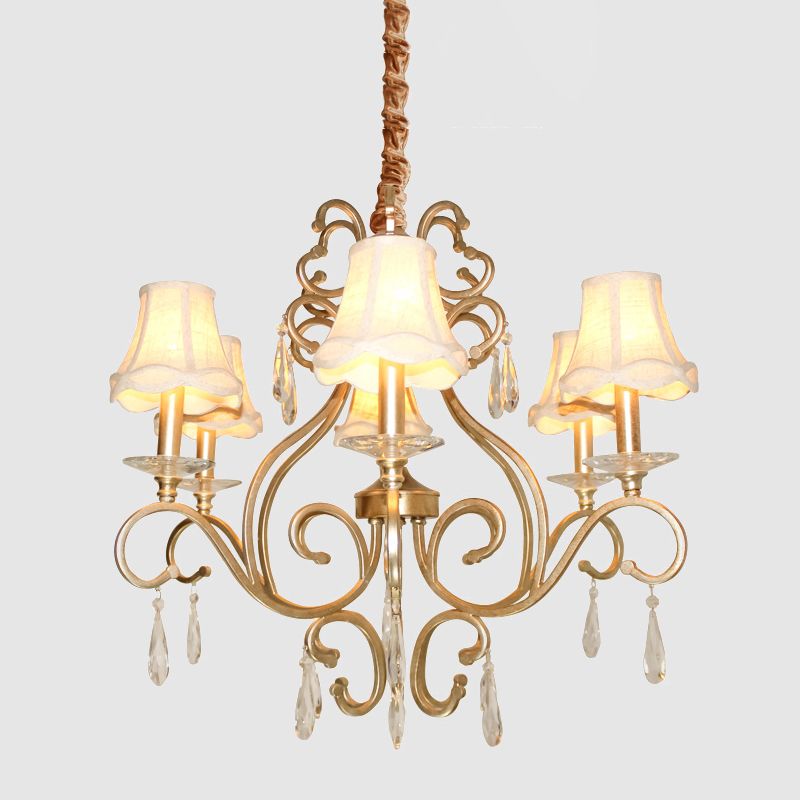 Fabric Shade Crystal Teardrop Chandelier Traditional 6-Bulb Hallway Ceiling Light in Gold