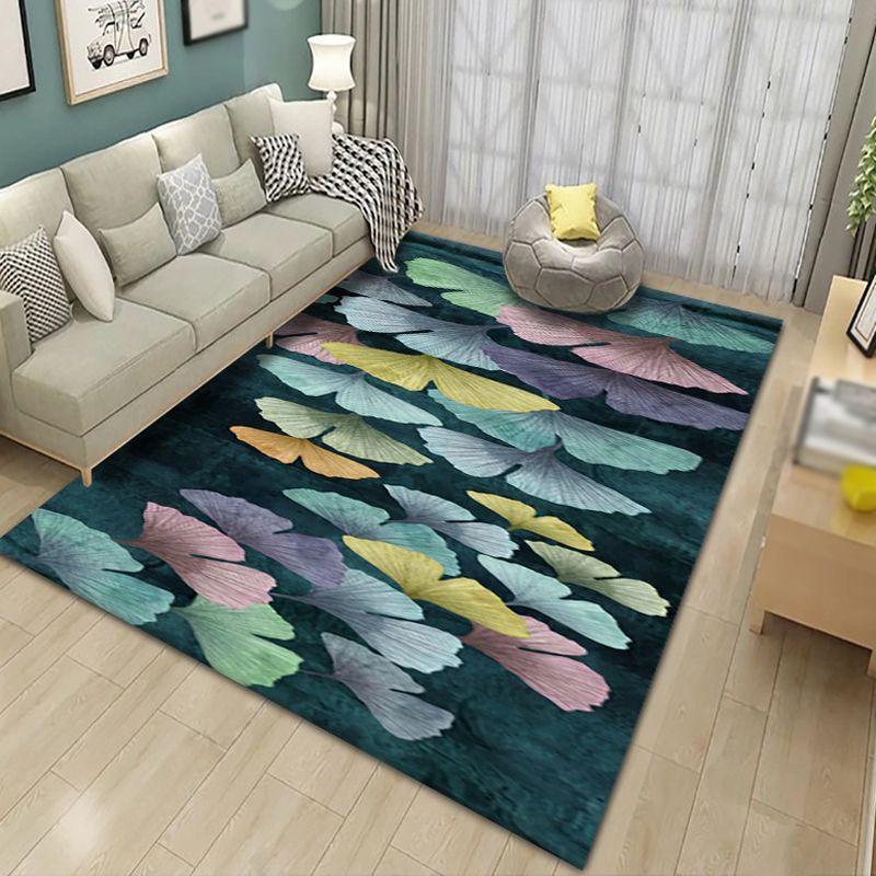 Black Plant Pattern Rug Modern Polyester Area Carpet Stain Resistant Area Rug for Home Decor