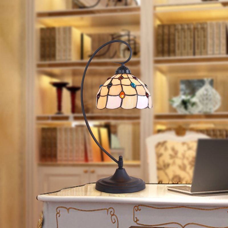 Beige/White and Silver Glass Black Night Lamp Lattice Bowl 1 Head Victorian Nightstand Light with Curvy Arm