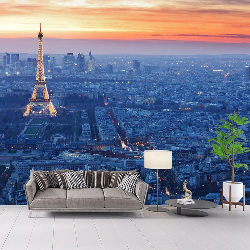 Urban Night City View Mural Bright Stain Resistant Wall Covering for Living Room