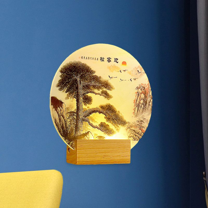 Pine ronde et mur de montagne Lumière orientale Style acrylique LED Wood Mur Mural Mural