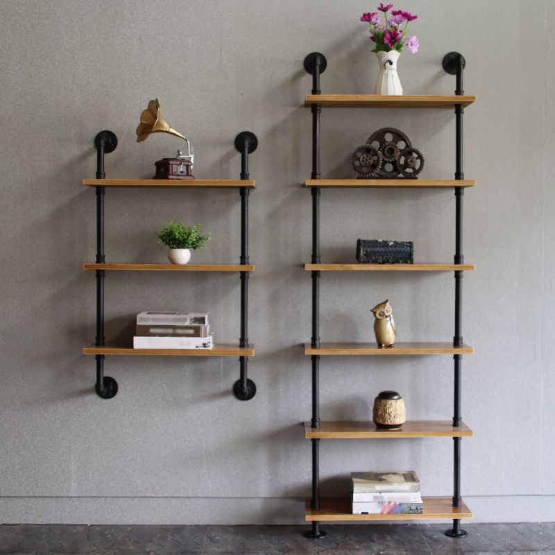 Wandeinheit und Etagere Bücherregal Industrial Black Eisenrahmen und Kiefernholzregal