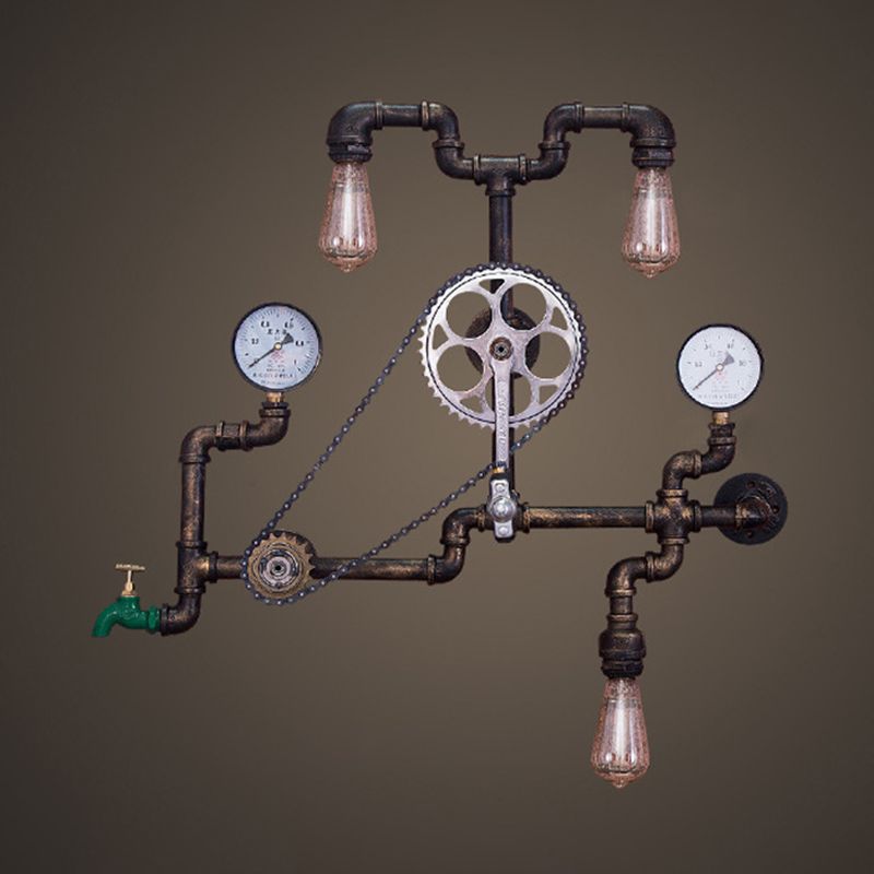 Metal Rust Finish Sconce Light Fixture Bicycle-Shape 3 Bulbs Industrial Wall Mount Pipe Lamp for Restaurant