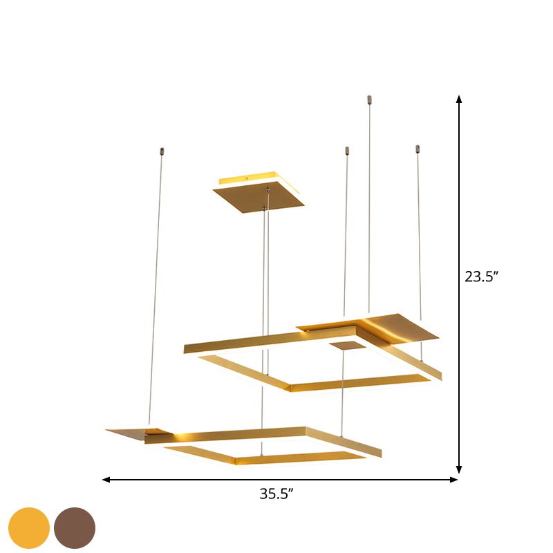 Square Suspension Chandelier Pendant Light Modernist LED Metal Ceiling Lamp in Gold/Coffee, Warm/White Light