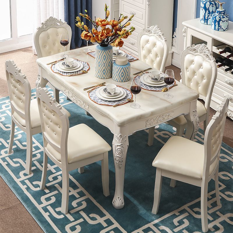 White Stone Top Dining Table Rectangle Dining Table with 4 Wood Legs