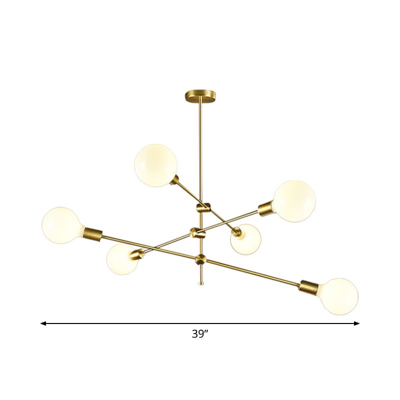 Rotatable 3-Arm Chandelier Minimalism White Ball Glass 6 Bulbs Gold Suspension Pendant Light