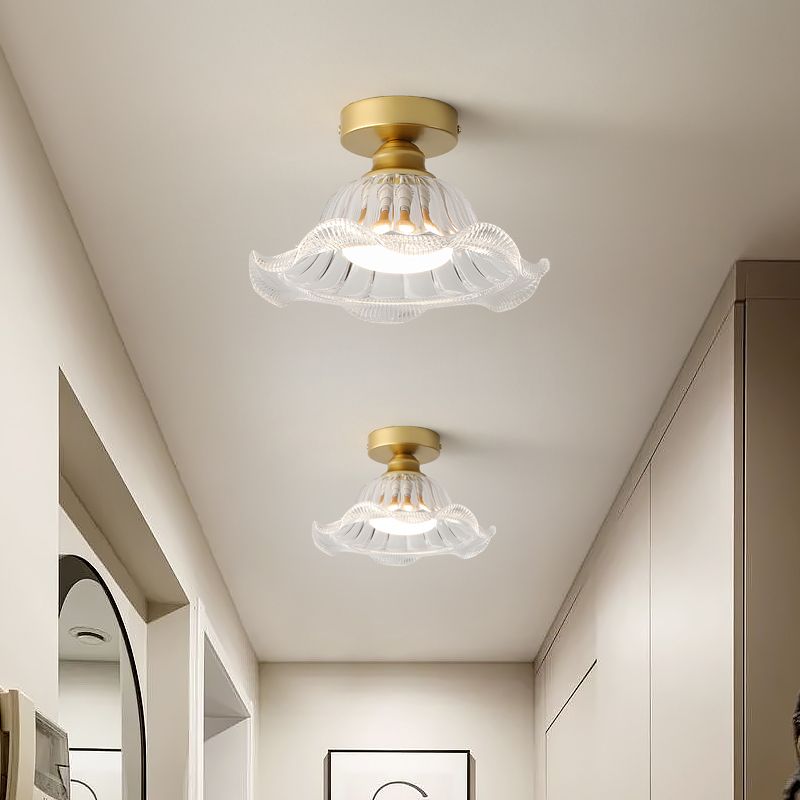 Glass Flower Ceiling Mounted Fixture Simplicity Gold Semi Flush Light