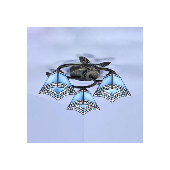 Geometric Ceiling Light Fixture with Pattern Tiffany Stained Glass 3 Lights Flushmount Ceiling Light in Bronze