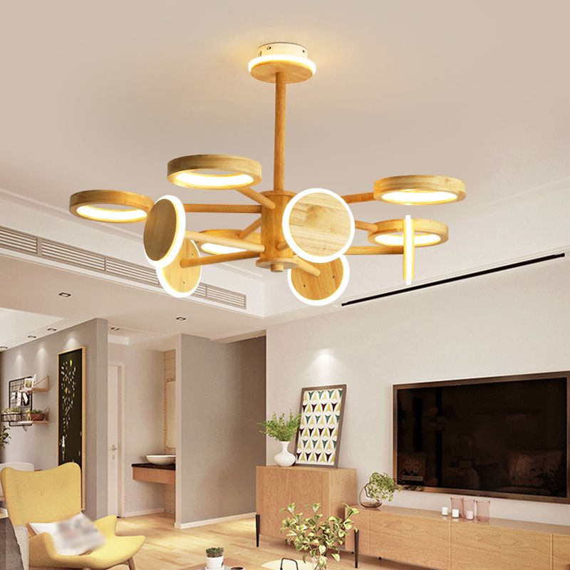 Japanese Radial Chandelier Light Wooden Living Room LED Hanging Light Fixture in Beige