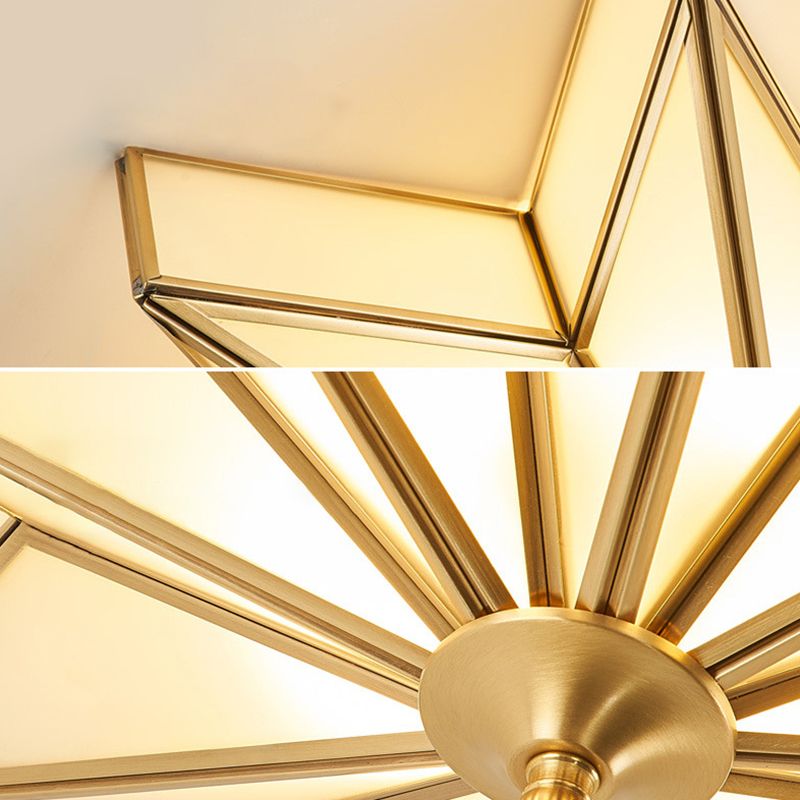 19.7 Inches Wide Octagonal Star Brass Ceiling Light White Glass Shade 4-Lights Traditional Rustic Style Flush Mount Lamp
