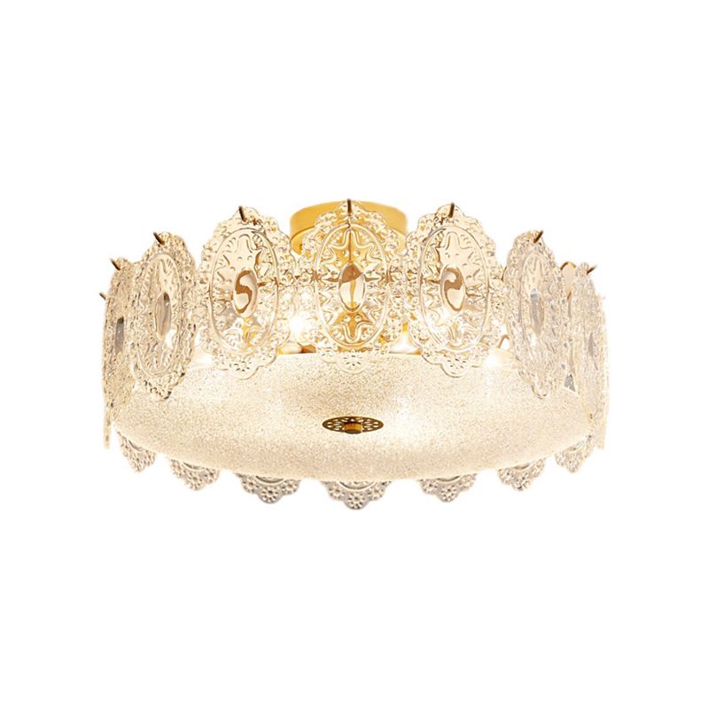 Luminaire semi-encastré de style simple, éclairage de plafond à tambour doré avec abat-jour en verre