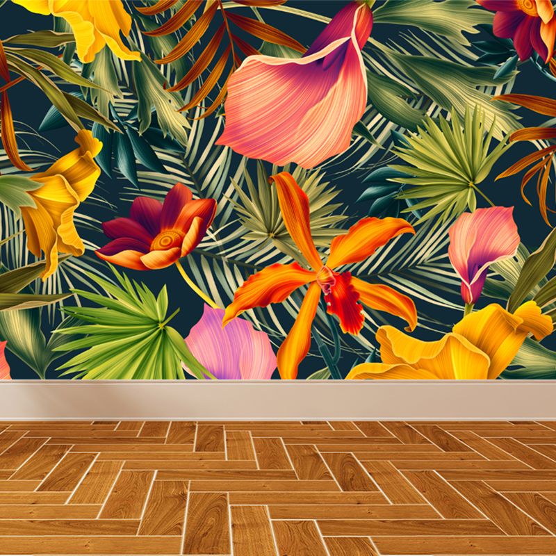 Plant Leaf and Flower Mural Tropical Non-Woven Fabric Wall Art in Green for Living Room