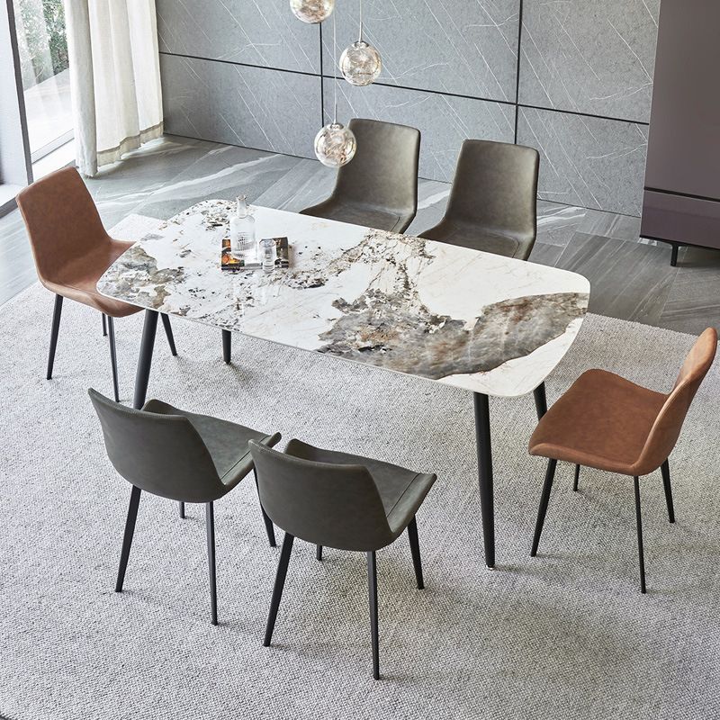 Matte Finish Stone Rectangular Dining Table 4 Legs Furniture with Steel Base