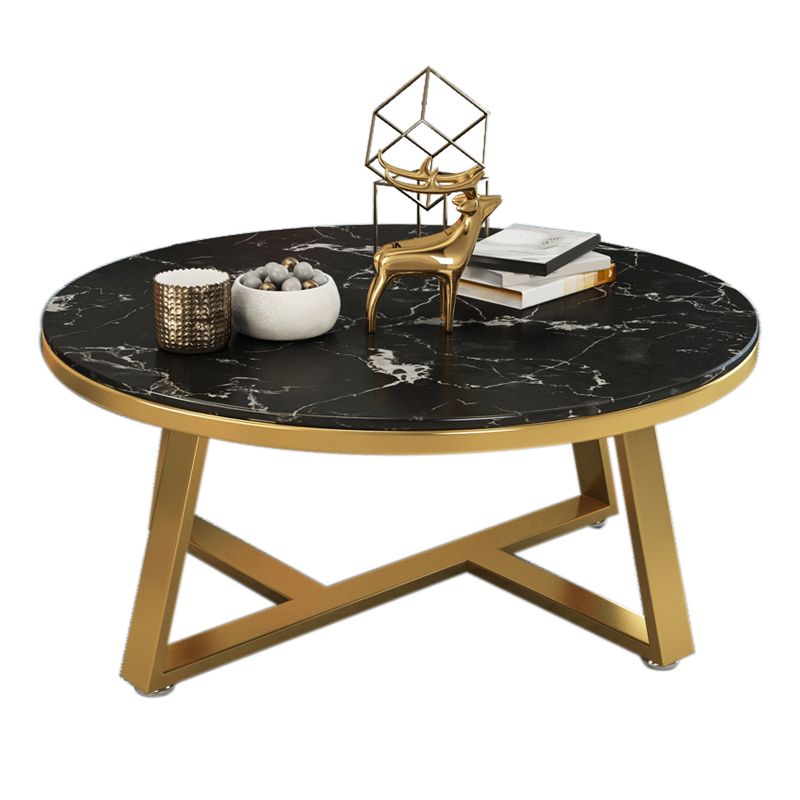 Glam Cross Legs Coffee Table Faux Marble Round Cocktail Table