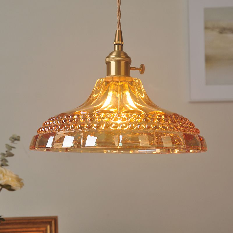 Amber Glass Pot Lid Hanging Light Simplicity 1 Bulb Restaurant Pendant Light Fixture