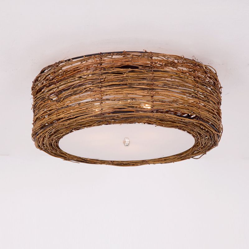Rattan Rustic Flush Mount Ceiling Light Fixtures 1 Light Drum Flush Ceiling Light Fixture for Bedroom