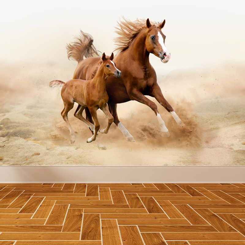 Running Horse Scenery Mural Decal for Girls Bedroom, Brown, Custom Size Available