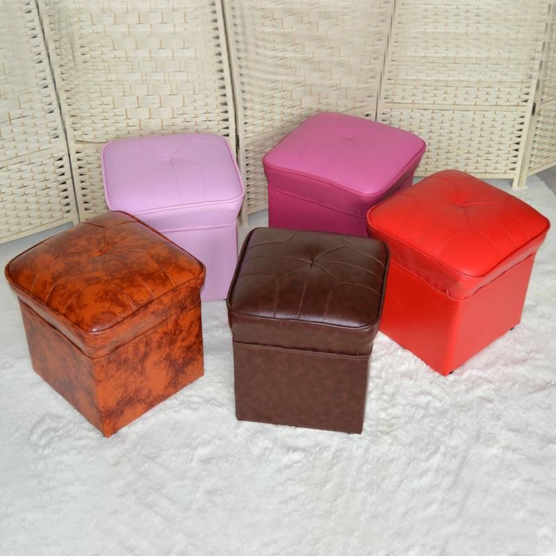 Mid-Century Modern Pouf Ottoman Faux Leather Upholstered Solid Color Square Ottoman