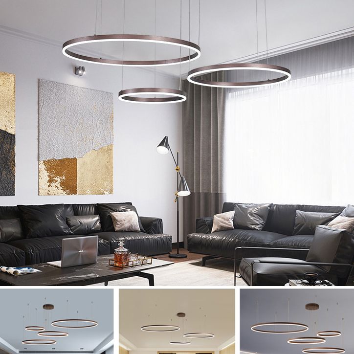 Lampadella a base di anello circolare a LED a più livelli Light con un ciondolo di illuminazione in alluminio spazzolato a tonalità acrilica nel caffè