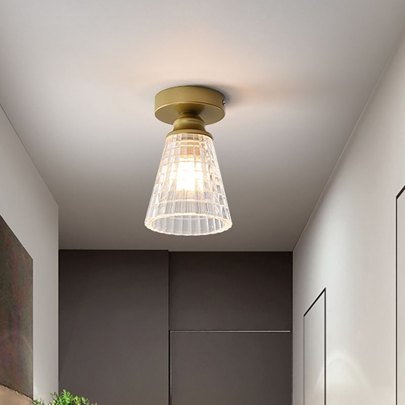 Cone Corridor Flushmount Lighting Clear Lattice Glass 1 Bulb Modernism Flush Mount Lamp in Brass