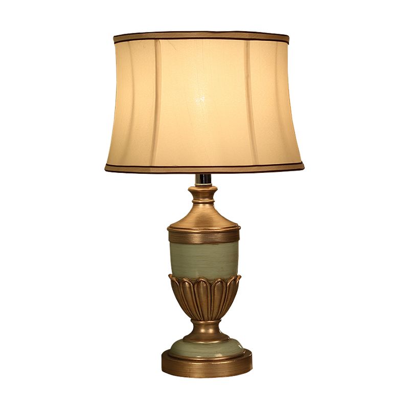 Vintage Drum Shaped Desk Lighting 1 Head Fabric Night Table Lamp with Black/Brown/Green Pot Base