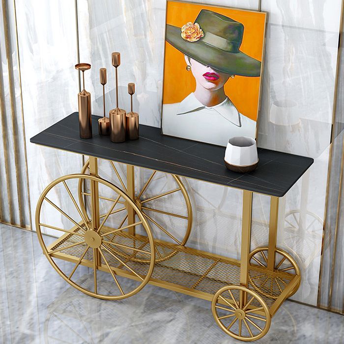 Contemporary Iron Console Sofa Table Rectangle Marble Accent Table with Shelf for Hall