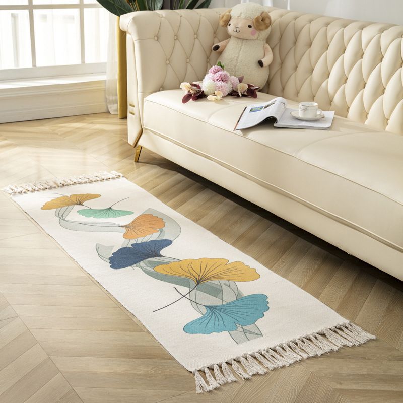 Modern Plant Printed Rug Multi-Colored Jute Area Carpet Easy Care Pet Friendly Stain-Resistant Indoor Rug with Tassel for Bedroom