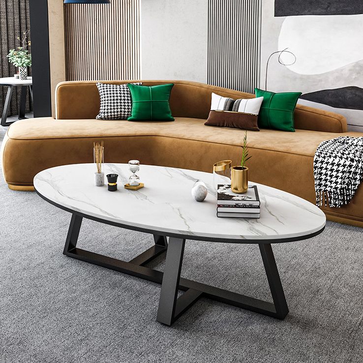 White Oval Stone Top Coffee Table with Iron Cross Base Cocktail Table