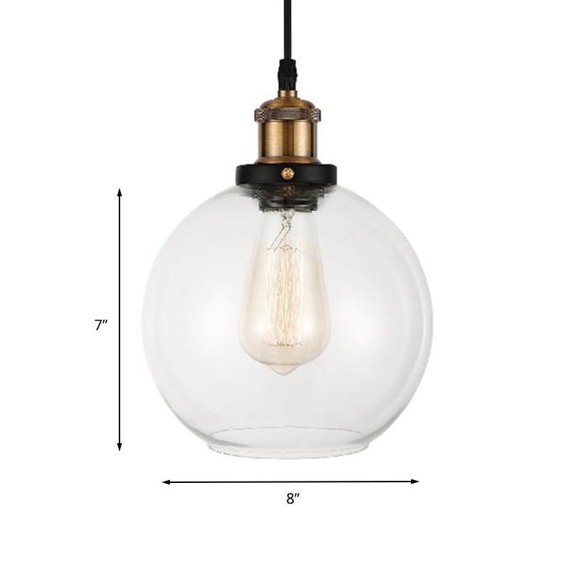 Clear Glass Globe Hanging Pendant Light with Adjustable Cord Industrial Suspension Lamp in Brass