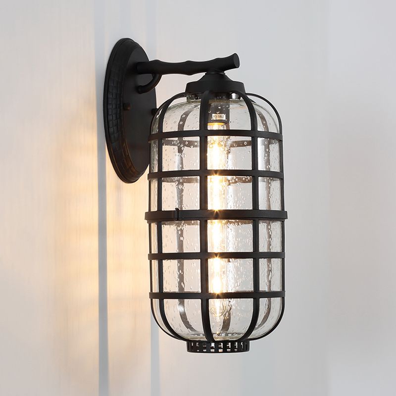 Lantern Courtyard Wall Mount Lamp Farmhouse Clear Bubble Glass 1 Bulb Black/Coffee Wall Lighting Ideas with Metal Cage