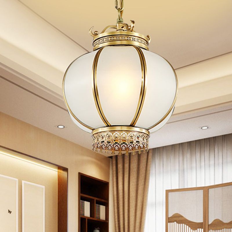 Frosted Glass Lantern Hanging Light Traditional 1 Light Bedroom Drop Pendant in Brass