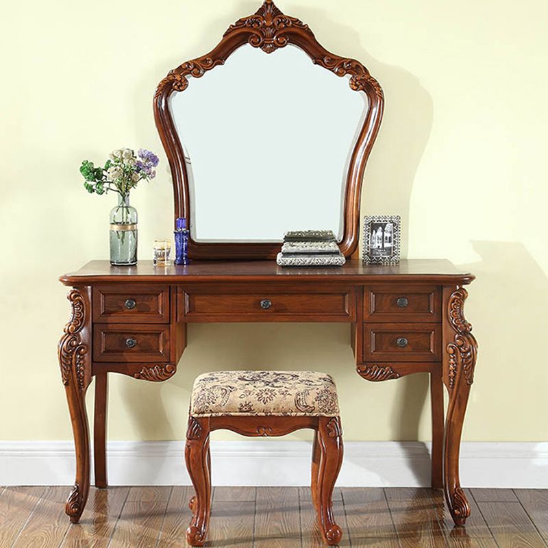 Solid Wood Brown Makeup Table Vanity with Drawers and Mirror