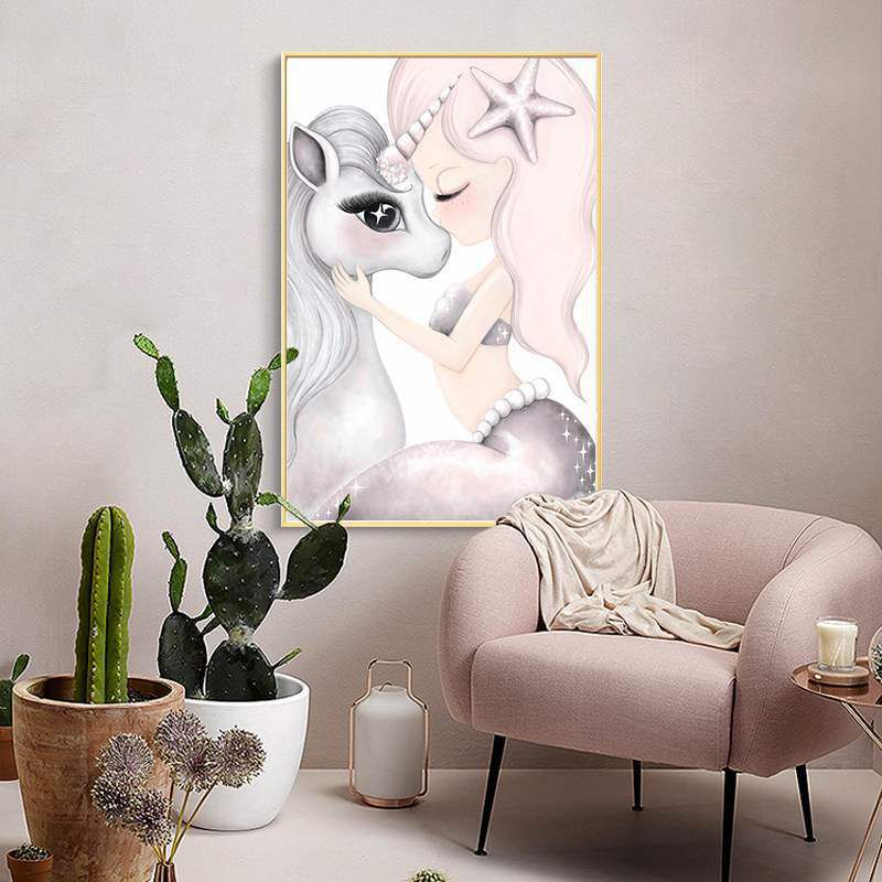Kids Style Wall Art Print Pink Novelty Unicorn Painting, Multiple Sizes Available