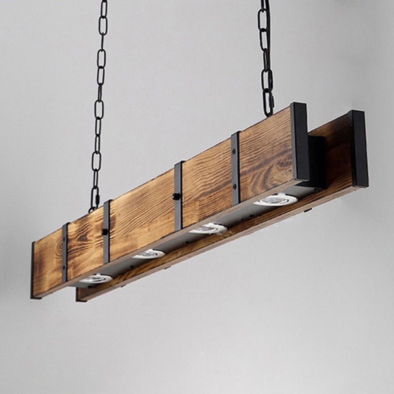 Rectangular Wooden LED Island Pendant Light in Industrial Vintage Style Wrought Iron Ceiling Light in Log Color