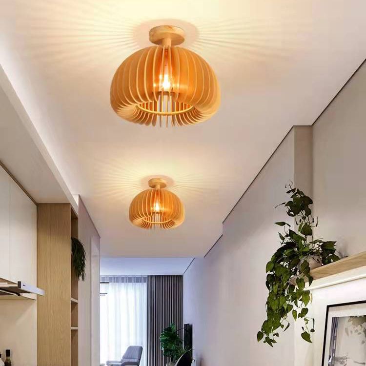 Modern Concise Flush Mount Wooden Pumpkin Ceiling Fixture for Interior Spaces