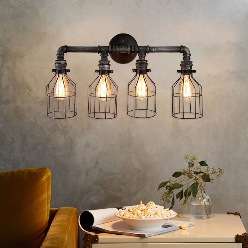4 Lichter Steampunk -Leuchte -Leuchte mit Drahtschutz Retro -Stil gealtert Silber Metallic Leuchtenbeleuchtung
