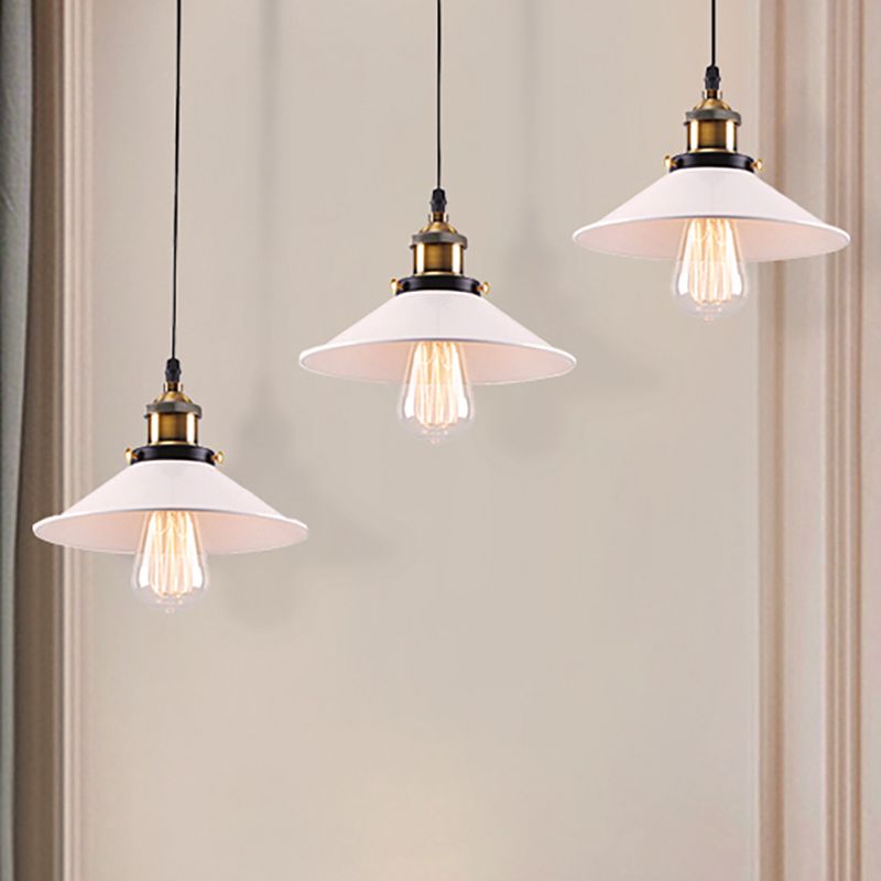 White Conic Ceiling Pendant Industrial Style Metallic 3 Heads Indoor Hanging Light with Linear/Round Canopy