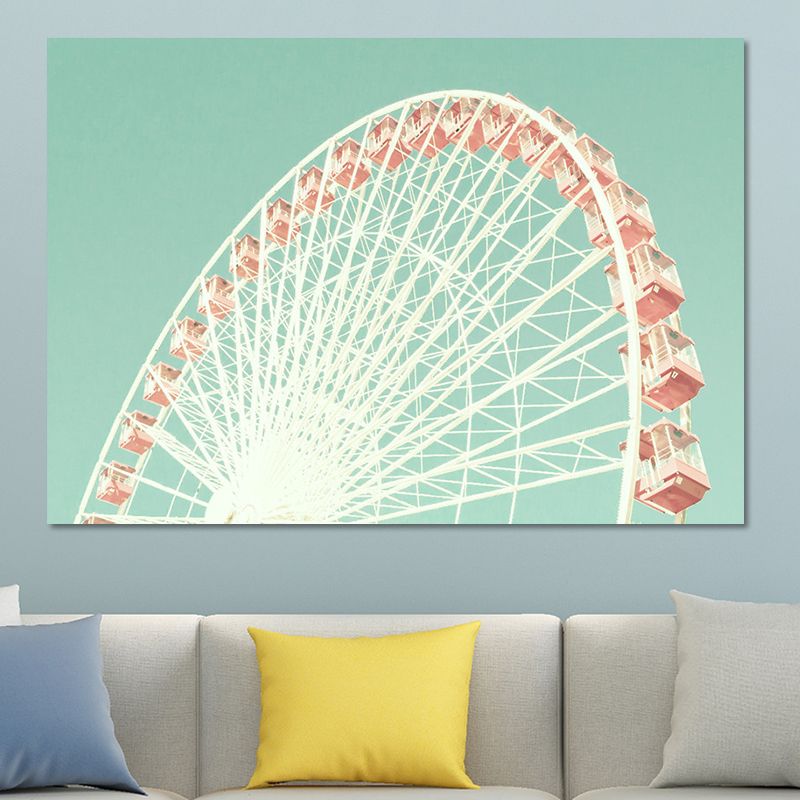 Ferris Wheel Wall Art Print Modern Textured Canvas in Pink on Green for Kids Room